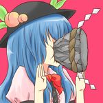  batta_(ijigen_debris) blue_hair bow food frills fruit hat hinanawi_tenshi in_the_face keystone leaf long_hair pain peach rock rope short_sleeves simple_background solo touhou 