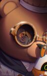 1girl absurdres animal_costume bangboo_(zenless_zone_zero) bear_costume blursed_jollibee_mascot_suit_(meme) bright_pupils daifukuart eous_(zenless_zone_zero) finger_to_mouth highres looking_at_viewer mascot_costume medium_hair meme mr._roar_(zenless_zone_zero) pink_hair purple_eyes remielle_dan shushing smile solo white_pupils zenless_zone_zero 