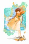  1girl brown_hair brown_shoes chinese_commentary commentary_request dress flower full_body highres lanhuoyuelan loafers looking_at_viewer oversized_flower russian_text saihate_eki shoes solo standing tenjiku_aoi translation_request vest white_dress yellow_eyes yellow_flower yellow_vest 