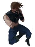  1boy absurdres arms_up bare_shoulders battle_tendency black_gloves black_shirt black_shoes blue_pants brown_eyes brown_hair crop_top daxawddc downcast_eyes fingerless_gloves gloves highres invisible_chair jojo_no_kimyou_na_bouken joseph_joestar joseph_joestar_(young) looking_at_viewer male_focus mask midriff navel nervous_sweating pants shirt shoes short_hair simple_background sitting sleeveless sleeveless_shirt solo sweat toned toned_male very_short_hair white_background 