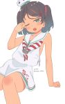  1girl anchor_necklace black_hair commentary_request dark-skinned_female dark_skin dress feet_out_of_frame green_eyes highres invisible_chair jewelry kantai_collection mole mole_under_eye neckerchief necklace one-hour_drawing_challenge one_eye_closed red_neckerchief sailor_collar sailor_dress satsuki_tooka scirocco_(kancolle) sitting sleepy sleeveless sleeveless_dress solo tilted_headwear twitter_username two_side_up white_background white_dress white_sailor_collar 