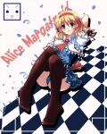  1girl alice_margatroid blonde_hair blue_dress blue_eyes blue_panties blush brown_thighhighs capelet character_name checkered_background commentary_request dress frilled_hairband frills full_body hairband highres looking_at_viewer necktie ngirln4 no_shoes open_mouth panties puffy_short_sleeves puffy_sleeves red_hairband red_necktie shirt short_hair short_sleeves solo thighhighs touhou underwear white_background white_capelet white_shirt 