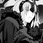  1girl absurdres blood blood_on_face cape chain echidna430 fate/grand_order fate_(series) flag fur-trimmed_cape fur_trim gloves greyscale headpiece highres holding holding_flag injury jeanne_d'arc_alter_(avenger)_(fate) jeanne_d'arc_alter_(avenger)_(first_ascension)_(fate) jeanne_d'arc_alter_(fate) monochrome short_hair solo 
