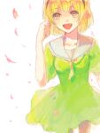  1girl :d black_hairband blonde_hair breasts brown_pantyhose cowboy_shot dot_nose falling_petals fang green_serafuku hairband hand_up higurashi_no_naku_koro_ni houjou_satoko looking_up minamieko multicolored_eyes neckerchief oekaki open_mouth pantyhose petals puffy_short_sleeves puffy_sleeves red_eyes red_petals sailor_collar school_uniform serafuku short_hair short_sleeves simple_background small_breasts smile solo standing tegaki two-tone_eyes white_background white_sailor_collar yellow_eyes yellow_neckerchief 