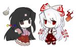  2girls bamboo_print black_hair bow bowl bowtie branch brown_eyes chibi chibi_only collared_shirt commentary_request dibitaki11 fire frilled_skirt frills fujiwara_no_mokou full_body grey_hair hair_bow hand_in_pocket highres houraisan_kaguya jeweled_branch_of_hourai korean_commentary long_hair long_skirt long_sleeves looking_at_viewer multiple_girls multiple_hair_bows ofuda ofuda_on_clothes pants petal_print pink_shirt print_skirt red_eyes red_pants red_skirt shirt simple_background skirt suspenders touhou very_long_hair white_background white_bow white_bowtie white_shirt wide_sleeves 