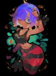  1girl absurdres black_background black_gloves black_pants breasts choker cleavage closed_mouth commentary_request dark-skinned_female dark_skin eyebrow_cut fingerless_gloves gloves hair_over_one_eye highres holding holding_wrench inkling looking_at_viewer mechanic_(splatoon_raiders) medium_breasts midriff navel pants purple_choker purple_hair red_pants short_hair simple_background smile solo splatoon_(series) splatoon_raiders striped_clothes striped_pants usa37107692 wrench 