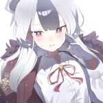  1girl aru_(blue_archive) black_hair black_horns blue_archive closed_mouth coat coat_on_shoulders ememo flat_chest fluffy_collar grey_halo halo highres horns kayoko_(blue_archive) long_hair looking_at_viewer multicolored_hair nervous red_eyes salute shirt simple_background solo sweatdrop two-tone_hair upper_body white_background white_hair white_shirt 
