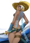  1girl ass bikini blonde_hair blue_eyes breasts character_request commentary_request cowboy_hat cowboy_shot dark-skinned_female dark_skin from_behind hand_on_own_hip hat highres holding holding_sword holding_weapon katana looking_at_viewer looking_back medium_breasts oneechanbara shigenobu short_hair simple_background solo swimsuit sword weapon 