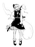  1girl bow bowtie closed_mouth collared_shirt commentary_request flower frilled_skirt frills greyscale hairband highres hitodama holding katana konpaku_youmu konpaku_youmu_(ghost) long_sleeves looking_at_viewer mary_janes medium_hair monochrome shirt shoes skirt socks solo sword sword_on_back touhou translation_request vest wafusub_3 weapon weapon_on_back 