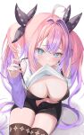  +_+ 1girl 774norango absurdres ahoge black_bra black_ribbon black_shorts blue_eyes blush bra bra_over_clothes breasts brown_thighhighs closed_mouth clothes_lift clothing_cutout commentary detached_sleeves eyelashes fingernails hair_intakes hair_ribbon highres hololive hololive_dev_is kikirara_vivi kikirara_vivi_(1st_costume) large_breasts lifting_own_clothes long_hair long_sleeves looking_at_viewer mouth_hold multicolored_hair nail_polish open_fly pink_hair pink_nails purple_hair purple_sleeves ribbon shirt shirt_lift shorts shoulder_cutout simple_background sitting smile solo sparkle_print strap_lift thighhighs thighs twintails two-tone_hair underwear virtual_youtuber white_background white_shirt 