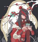  1boy arm_wrap bandage_over_one_eye belt black_background black_coat black_eyes black_hair blood blood_on_face branch chengnanbunancheng chinese_clothes chinese_commentary chinstrap coat coat_on_shoulders commentary_request cosplay cowlick empty_eyes expressionless flower fur_trim hair_ornament hanfu headband highres holding holding_hair_ornament hong_lu_(project_moon) honglou_meng hongyuan_(identity)_(project_moon) jia_baoyu jia_baoyu_(cosplay) lattice layered_sleeves limbus_company long_hair long_sleeves male_focus name_connection one_eye_covered parted_lips plum_blossoms project_moon puffy_long_sleeves puffy_sleeves red_bandage red_belt red_flower red_hanfu red_headband red_ribbon red_scarf ribbon rock scarf shirt solo split_theme stole tilted_headwear upper_body white_background white_shirt wide_sleeves xiao_guan_(headdress) 