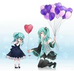  aoi_(122543112) aqua_hair balloon boots closed_eyes detached_sleeves dress hatsune_miku heart heart_balloon kneeling long_hair multiple_girls necktie sketch skirt thigh_boots thighhighs twintails very_long_hair vocaloid voice_(vocaloid) 