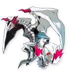  1girl claws comiket_77 commentary_request dark-skinned_female dark_skin dragon fantasy gin_(oyoyo) horns monster original pixiv_fantasia pixiv_fantasia_3 slit_pupils tail two-tone_wings white_hair wings wyvern yellow_eyes 