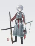  1girl absurdres alternate_costume aqua_eyes armor belt boots breastplate chinese_armor chinese_commentary chinese_text colored_eyelashes commentary_request dao english_text full_body grey_hair gun hair_between_eyes helmet highres holding holding_gun holding_gun_barrel holding_sword holding_weapon looking_at_viewer military mixed-language_text multiple_weapons rifle scabbard sheath sheathed short_hair shoulder_armor simple_background soldier solo sword sword_on_back tachi-e taozhi_taozhi vocaloid vsinger_(vocaloid) weapon weapon_on_back white_background white_eyelashes yanhe 