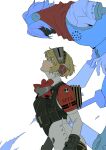  1girl aigis_(persona) android blonde_hair bow gold_hairband hairband headphones hgsym_23 highres looking_at_another looking_down looking_up persona persona_3 red_bow ribbon robot_girl s.e.e.s short_hair simple_background tagme white_background 