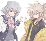  2girls antenna_hair aqua_eyes badge bandaid black_shirt blonde_hair bow bowtie button_badge cardigan cevio commentary cropped double_bun grey_hair grey_sweater hair_between_eyes hair_bun hair_ornament hairclip hand_on_own_face heart_hands_failure highres jacket jewelry kasukabe_tsumugi koharu_rikka lapels long_hair looking_at_viewer loose_necktie magatama magatama_necklace messy_hair multicolored_jacket multiple_girls necklace necktie off-shoulder_cardigan one_side_up open_collar open_mouth pink_bow pink_bowtie pleated_skirt purple_eyes resized school_uniform scrunchie shiro_noe shirt short_hair simple_background skirt sweatdrop sweater thumbs_up tongue tongue_out two-tone_jacket untranslatable_commentary upscaled variant_set voicevox white_background white_shirt yellow_cardigan yellow_necktie yellow_scrunchie 
