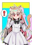  ! 1girl animal_ear_fluff animal_ears arcueid_brunestud black_bow blonde_hair blush bow buttons cat_ears cat_girl cat_tail commentary_request cowboy_shot dress eco-arc frilled_dress frilled_sleeves frills highres kemonomimi_mode long_hair looking_at_viewer paw_pose red_eyes sidelocks single_hair_intake solo surprised tail tsukihime tsukihime_(remake) twinhip white_dress 