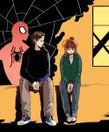  1boy 1girl bags_under_eyes black_hoodie blue_eyes brown_hair commentary different_shadow english_commentary green_shirt hood hoodie jean_grey marvel peter_parker red_hair shirt shoes silk sitting smile sneakers spider-man spider-man:_brand_new_day spider-man_(original_suit) spider-man_(series) spider_web spoilers wanderjegson x-men 