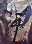  1girl blue_eyes blue_hair breasts cigarette commentary_request demon_girl demon_tail formal_clothes gin_(oyoyo) glasses highres horns medium_breasts midriff no_bra original pants pinstripe_pattern ruins shawl shoes short_hair smoke smoking solo standing standing_on_one_leg sword tail underboob weapon wings 
