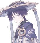  1boy anemo_symbol_(genshin_impact) arm_at_side bishounen black_hair blue_gem blue_hat blue_jingasa blue_kimono blue_sleeves blunt_ends cape choppy_bangs commentary_request covered_collarbone eyelashes eyeliner feathers furisode gem genshin_impact gold hat highres japanese_clothes jingasa juban kimono layered_sleeves looking_at_viewer makeup male_focus mandarin_collar muted_colors open_clothes open_kimono open_mouth pom_pom_(clothes) portrait purple_cape purple_eyes purple_hat red_eyeliner scaramouche_(genshin_impact) short_sleeves side_cape solo tsurime two-sided_fabric two-sided_headwear wanderer_(genshin_impact) white_kimono white_sleeves white_trim yellow_feathers zixjfg 