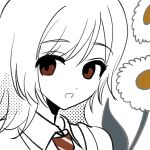  1boy :d artist_request brown_eyes collared_shirt dress_shirt fleabane flower male_focus medium_hair necktie portrait saihate_eki shirt smile solo spot_color tatsunami_shion white_flower white_hair 