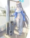  1girl absurdres asuna_(blue_archive) baggy_pants blonde_hair blue_archive blue_eyes blue_halo blue_jacket blush breasts cleavage collarbone commentary_request hair_over_one_eye halo highres jacket jewelry large_breasts long_hair looking_to_the_side luggage_cart navel necklace open_clothes open_jacket open_mouth pants parted_lips single_bare_shoulder smile solo tank_top user_gpms2435 very_long_hair white_pants white_tank_top 