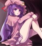  1girl capelet commentary crescent crescent_hat_ornament dress hat hat_ornament long_hair long_sleeves looking_at_viewer mob_cap namiki_(remiter00) open_mouth patchouli_knowledge pink_capelet pink_dress pink_hat purple_eyes purple_hair sitting solo striped_clothes striped_dress thighs touhou vertical-striped_clothes vertical-striped_dress very_long_hair 