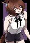  1girl absurdres agnes_tachyon_(umamusume) ahoge animal_ears bare_shoulders black_choker black_eyeshadow black_ribbon black_shorts breasts brown_hair chainsaw_man chemical_structure choker constricted_pupils cosplay crazy_eyes ear_ornament earrings eyeshadow grenade_pin highres horse_ears horse_girl horse_tail jewelry looking_at_viewer makeup medium_breasts nagai_negi neck_ribbon parted_lips red_eyes reze_(chainsaw_man) reze_(chainsaw_man)_(cosplay) ribbon shaded_face shirt short_hair shorts single_earring sleeveless sleeveless_shirt smile solo tail umamusume white_shirt yandere 