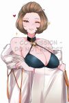  1girl bare_shoulders blush breasts brown_eyes brown_hair choker cleavage commission crossed_arms dress eyeshadow fire_emblem fire_emblem:_three_houses hair_slicked_back heart highres large_breasts lipstick looking_at_viewer makeup manuela_casagranda mature_female mole mole_under_eye one_eye_closed open_mouth orange_eyeshadow orange_lips serafineart1001 short_hair simple_background smile solo white_background 