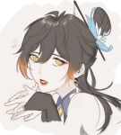  1girl bare_shoulders black_bridal_gauntlets black_hair bridal_gauntlets brown_hair chinese_clothes commentary earrings elbow_gloves eyeliner eyeshadow fingerless_gloves genderswap genderswap_(mtf) genshin_impact gloves gradient_hair hair_between_eyes hair_bun hair_ornament hair_stick jewelry long_hair looking_at_viewer makeup mori_53535 multicolored_hair open_mouth orange_hair parted_lips red_eyeshadow red_lips ring signature simple_background single_earring single_hair_bun sleeveless solo tassel tassel_earrings untranslatable_commentary white_background wing_collar yellow_eyes zhongli_(genshin_impact) 