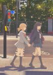  2girls aryorl azusawa_kohane bag bag_charm black_hair black_jacket black_socks blazer blonde_hair blue_hair blue_skirt blush breasts brown_eyes brown_hair brown_shoes charm_(object) collared_shirt commentary crosswalk diagonal-striped_clothes diagonal-striped_necktie gradient_hair grey_serafuku grey_shirt grey_skirt hair_ornament highres holding_hands jacket kamiyama_high_school_uniform_(project_sekai) kneehighs lapels loafers long_hair long_sleeves looking_to_the_side miyamasuzaka_girls'_academy_school_uniform multicolored_hair multiple_girls neckerchief necktie notched_lapels open_clothes open_jacket open_mouth orange_eyes outdoors photo_background pleated_skirt profile project_sekai red_neckerchief road sailor_collar school_bag school_uniform serafuku shiraishi_an shirt shirt_tucked_in shoes short_hair sidelocks skirt small_breasts smile socks star_(symbol) star_hair_ornament street striped_clothes striped_necktie traffic_light twintails untranslatable_commentary walking watermark weibo_watermark white_sailor_collar white_shirt yuri 