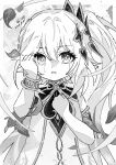  1girl armlet braid cape clenched_hands cross-shaped_pupils crying crying_with_eyes_open dated detached_sleeves dress eyelashes genshin_impact greyscale hair_ornament half_crown_braid hand_on_own_chest hands_up highres houhouhou0103 jewelry leaf leaf_hair_ornament long_hair looking_at_viewer monochrome nahida_(genshin_impact) parted_lips plant side_ponytail sidelocks solo symbol-shaped_pupils tareme tears twitter_username upper_body vines 