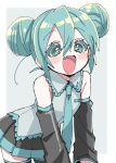  +_+ 1girl absurdres alternate_hairstyle aqua_eyes aqua_hair aqua_necktie aqua_shirt aqua_skirt aqua_sleeves aqua_thighhighs bare_shoulders black_skirt black_sleeves black_thighhighs blush colored_eyelashes commentary_request detached_sleeves double_bun fang grey_background grey_shirt hair_bun hatsune_miku highres leaning_forward long_sleeves necktie open_mouth pleated_skirt shirt skirt sleeveless sleeveless_shirt smile solo sukoyaka_(100hituzi) thighhighs two-tone_skirt vocaloid 