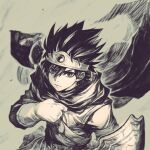  1boy belt belt_buckle buckle cape circlet cloak closed_mouth commentary_request dragon_quest dragon_quest_iii gem gloves hair_between_eyes hand_up hero_(dq3) highres holding holding_shield hood hooded_cloak jun_(navigavi) lips looking_at_viewer male_focus monochrome nose roto_(dq3) shield short_hair sketch solo spiked_hair tunic upper_body 