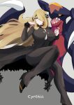  1girl alternate_breast_size_(larger) black_coat black_sclera blonde_hair blue_skin breasts character_name cleavage coat colored_sclera colored_skin commentary_request cynthia_(pokemon) dragon fur-trimmed_coat fur-trimmed_sleeves fur_collar fur_trim garchomp grey_eyes hair_ornament hair_over_one_eye highres knee_up large_breasts long_hair long_sleeves multicolored_skin pokemon pokemon_(creature) pokemon_diamond/pearl/platinum red_skin rinda_(ka_pen9) shark sharp_teeth teeth two-tone_skin yellow_eyes 