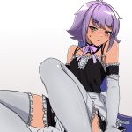  1boy alan_(wonderend) alternate_costume animal_ears apron atsune_chujitsu black_collar black_dress blush bow collar crossdressing crossdressing_(mtf) dress elbow_gloves gloves grey_eyes lunime maid maid_apron male_focus male_maid non-web_source purple_bow purple_hair rabbit_boy rabbit_ears solo sweat thighhighs trap white_gloves white_thighhighs wonderend wonderend_0 