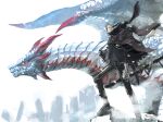  1boy blue_hair cloak commentary_request dragon fantasy flying gauntlets gin_(oyoyo) male_focus original scales scarf sheath sheathed snow solo standing sword weapon western_dragon yellow_eyes 