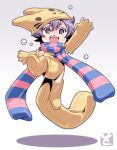  1girl :3 :d animal_hat blue_scarf boots bubble commentary_request double-parted_bangs elbow_gloves fangs full_body gloves hair_between_eyes hat looking_at_viewer open_mouth original outstretched_arm pink_scarf purple_eyes purple_hair scarf short_hair smile solo striped_clothes striped_scarf teeth thick_eyebrows thigh_boots toromi_(toromix2) upper_teeth_only yellow_boots yellow_gloves yellow_hat 