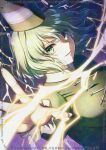  1girl adversarial_noise alto2019 black_hat breasts commentary_request dress electricity electrokinesis eyes_visible_through_hair green_dress green_eyes green_hair hat highres large_breasts long_sleeves looking_at_viewer marker_(medium) medium_hair open_mouth signature smile soga_no_tojiko solo tate_eboshi touhou traditional_media upper_body watermark 