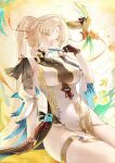  1girl abstract_background absurdres bird blonde_hair breasts brown_gloves chinese_clothes commentary dress folded_fan folding_fan gloves hair_intakes hand_fan highres holding holding_fan jewelry kmos large_breasts long_hair looking_at_viewer parted_bangs parted_lips ponytail qipao sitting smile solo suisui_(wuthering_waves) tacet_mark_(wuthering_waves) thighlet white_dress wuthering_waves yellow_eyes 