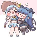  >_< 2girls :d angry armored_boots bikini blank_eyes blue_hair blue_horns blue_sandals blue_skirt blue_tail boots bracer commentary_request detached_sleeves dragon_girl dragon_horns dragon_tail dragon_wings dress flower frilled_bikini frilled_skirt frills gradient_hair hat high-low_dress highres horns multicolored_hair multiple_girls naia_(trickcal) navel pink_hair sandals silphir_(trickcal) skirt smile straight_hair sun_hat suwa_yasai swimsuit tail trickcal wings xd yellow_flower 