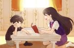  1boy 1girl black_hair book brother_and_sister commentary hand_on_own_face highres mari_(omori) neckerchief omori pleated_skirt reading saliva siblings sike_(dvh_04) skirt sleepy smile sunny_(omori) 