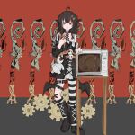  1girl ahoge animal_ear_headphones animal_ears arm_belt asymmetrical_legwear asymmetrical_sleeves bandaid bandaid_on_leg bare_shoulders bat_wings belt belt_collar black_choker black_hair black_shoes black_sweater cat_ear_headphones cat_ears cellphone choker closed_mouth collar commentary_request cross-laced_clothes cross-laced_dress dress ebionwu eyeball_hair_ornament fake_animal_ears gears headphones highres holding holding_phone layered_dress leg_belt long_sleeves looking_at_viewer loose_socks mahou_shoujo_no_majo_saiban microwave multicolored_hair off-shoulder_sweater off_shoulder orange_eyes orange_streaks phone red_background sawatari_coco shirt shoes short_hair single_thighhigh skirt skull smartphone socks solo standing streaked_hair striped_clothes striped_sleeves striped_thighhighs stuffed_animal stuffed_cat stuffed_toy sweater thighhighs translation_request white_shirt white_skirt wings 