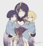  1boy 2girls aged_down alternate_costume asymmetrical_sidelocks black_hair blonde_hair blue_dress blue_shirt blue_sleeves blunt_bangs blunt_ends breasts bridal_gauntlets brown_shorts butterfly_hair_ornament carrying child child_carry chinese_knot cleavage clenched_hand closed_eyes closed_mouth collared_dress collared_shirt commentary contrast_collar dress eyelashes eyeliner facing_viewer fan_hair_ornament fingernails flower gem genshin_impact gold_ring gold_trim grey_nails grey_shrug hair_flower hair_ornament hand_on_another's_ass hand_up highres japanese_clothes kimono kindergarten_uniform kosokawa light_blush long_sleeves looking_at_another looking_at_viewer lumine_(genshin_impact) makeup middle_ring mitsudomoe_(shape) mole mole_under_eye multiple_girls obi obiage obijime open_mouth pink_sleeves purple_bridal_gauntlets purple_eyes purple_flower purple_gem purple_hair purple_kimono purple_sash raiden_shogun red_eyeliner red_sash rounded_collar sash scaramouche_(genshin_impact) shirt short_hair short_hair_with_long_locks shorts shrug_(clothing) sidelocks sketch smile socks swept_bangs tareme tassel tassel_hair_ornament tomoe_(symbol) twitter_username vision_(genshin_impact) white_background white_socks wide_sleeves wispy_bangs yellow_eyes 