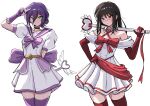  2girls absurdres black_choker black_hair black_ribbon bow chainsaw_man choker cosplay cross_scar dress elbow_gloves fingerless_gloves gloves green_eyes hair_bun heart_staff heart_wand highres long_hair magical_girl multiple_girls neck_ribbon red_eyes reze_(chainsaw_man) ribbon ringed_eyes sailor_collar scar scar_on_cheek scar_on_face scar_on_nose signature skirt sleeveless sleeveless_dress smile thighhighs v vextert1 yoru_(chainsaw_man) 