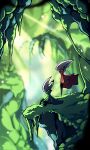  1girl 1other arthropod_girl black_eyes black_skin character_request cliff cloak colored_skin commission full_body grass highres hollow_eyes hollow_knight horned_mask hornet_(hollow_knight) horns mask moss pinrhyme red_cloak rock sitting standing white_mask 