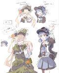  2girls :d accurate_lolita_coord asymmetrical_legwear bird_hat_ornament black_bow black_bowtie black_capelet black_flower black_hat black_pantyhose black_rose blonde_hair blue_hair blue_necktie blue_skirt bonnet bow bowtie braid braided_hair_rings capelet closed_eyes collared_shirt commentary deerstalker dress feather_fan flower frilled_capelet frilled_dress frilled_skirt frilled_sleeves frills green_bonnet hair_bow hair_flower hair_ornament hair_rings hand_fan hat hat_bow highres holding holding_fan layered_skirt lolita_fashion long_hair long_sleeves mahou_shoujo_no_majo_saiban mopumopu107 multiple_girls necktie open_mouth pantyhose plaid_clothes plaid_skirt rose shirt short_hair simple_background single_leg_pantyhose skirt smile tachibana_sherry tono_hanna translation_request twintails untranslatable_commentary vest white_background white_flower white_rose white_shirt wide_sleeves winged_hat yellow_eyes yellow_flower yellow_rose yuri 