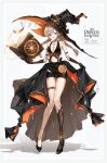  1girl absurdres arm_strap bare_shoulders black_gloves black_hat black_shoes black_shorts black_socks book braid breasts brown_hair clothing_cutout commentary_request fang full_body gloves hat hat_ornament high_heels highres holding holding_book kneehighs komori_met large_breasts long_hair looking_at_viewer low_twin_braids mixed-language_commentary muchi2p navel navel_cutout open_mouth purple_eyes shoes shorts skindentation smile socks solo thigh_strap twin_braids virtual_youtuber vspo! witch witch_hat 
