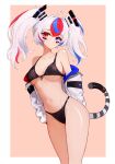  1girl ahoge alternate_costume bikini black_bikini blue_streaks border breasts collarbone commentary front-tie_bikini_top front-tie_top groin heterochromia highres jacket jacket_partially_removed kokkimusume large_breasts looking_at_viewer multicolored_hair navel notte open_clothes open_jacket red_streaks simple_background solo south_korea_(kokkimusume) stomach streaked_hair swimsuit tail tiger_girl tiger_tail twintails white_border white_hair white_jacket 
