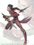  1boy armor black_eyes black_hair brown_eyes commentary_request copyright_request dagger dual_wielding fighting_stance full_body gin_(oyoyo) gloves holding holding_weapon knife looking_at_viewer male_focus red_armor serious shoulder_armor solo spiked_hair weapon white_background 